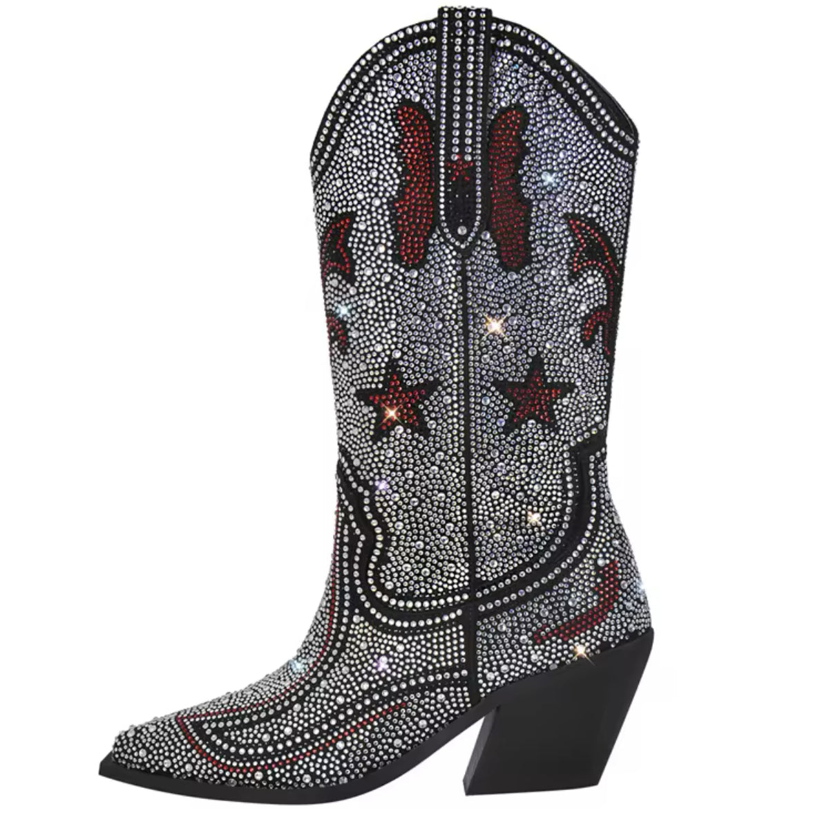 “Western & Rhinestones” Cowboy Boots, Stacked Block Heel, Mid Calf, Zipper Closure, PU Faux Leather Upper