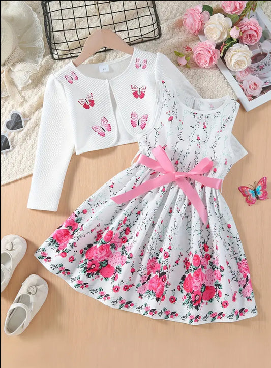 2pcs Sweet Butterfly Cardigan Floral Dress