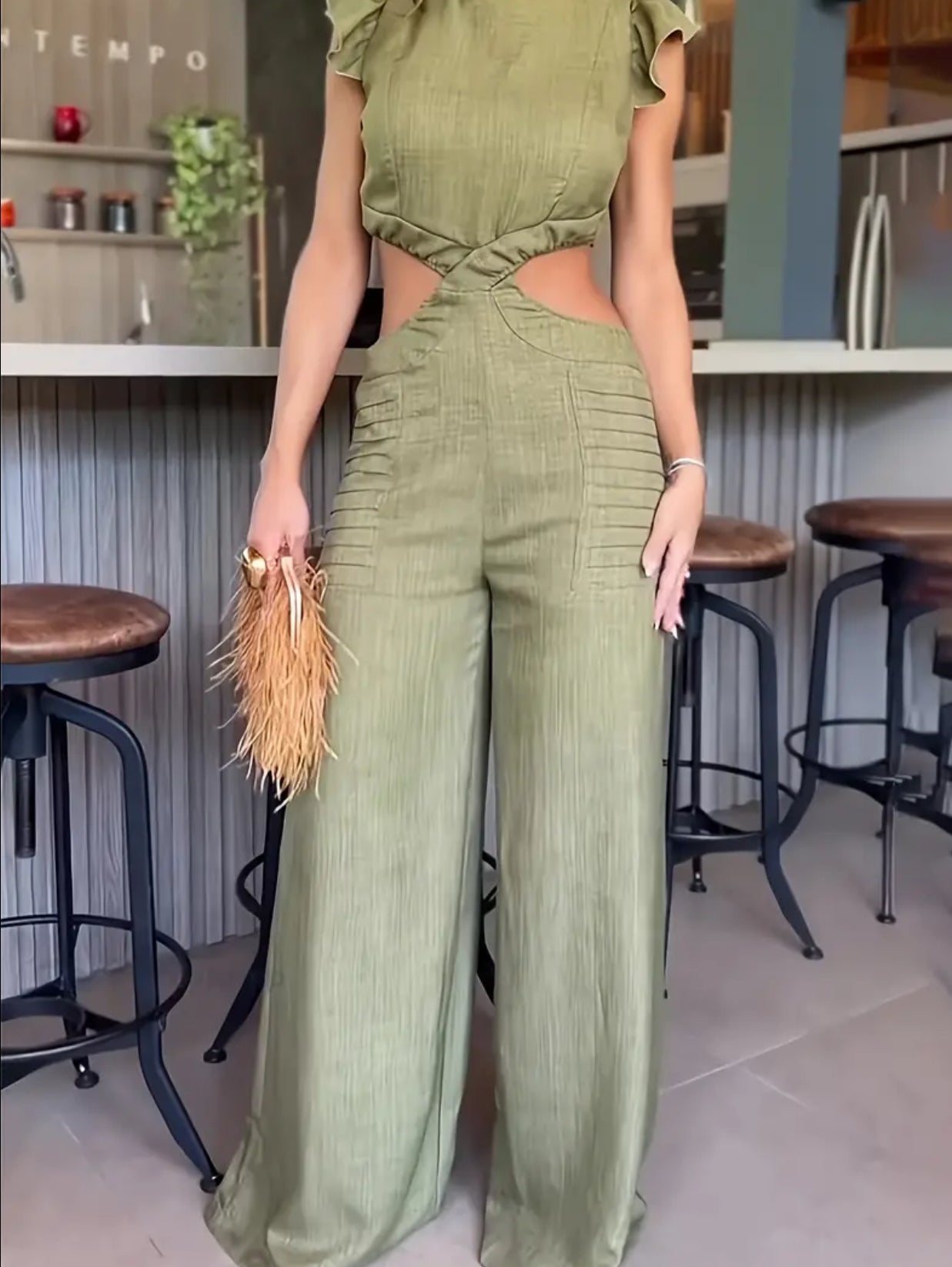 “Sage” Ruffle Trim, Elegant Wide Leg Jumpsuit