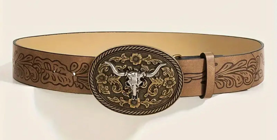 1pc, Vintage Style Cow Head Buckle Belt - Timeless Western Fashion