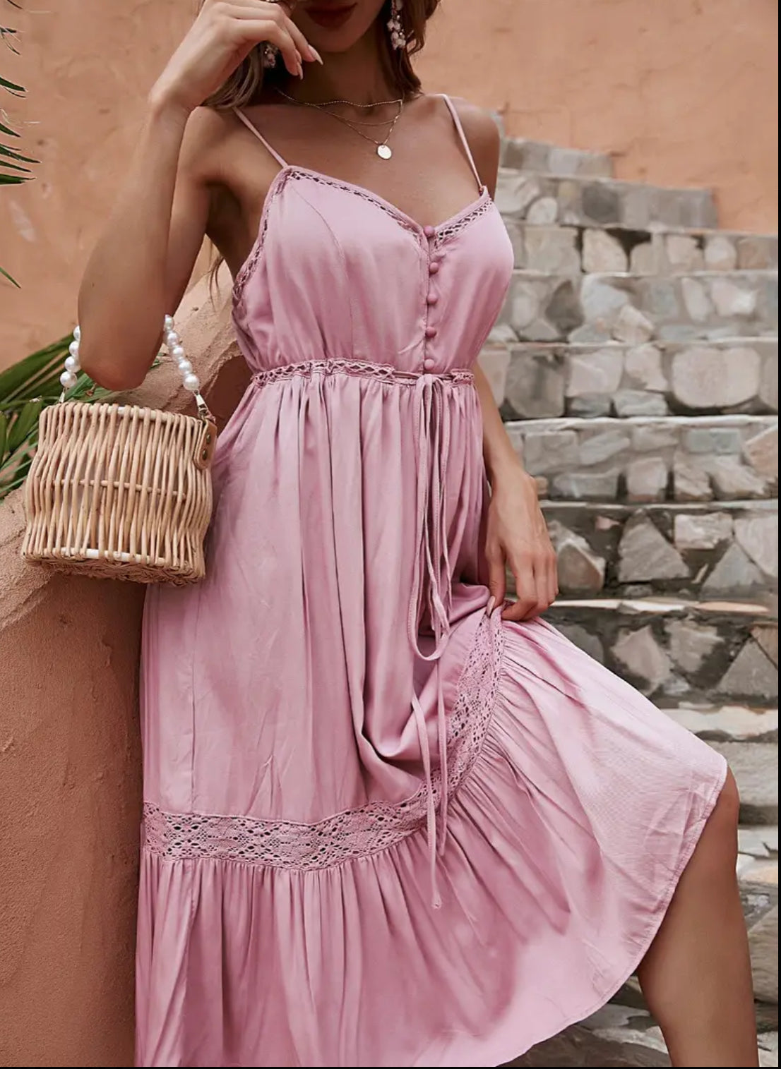 Pretty in Pink Women's Dresses Women's High Waist Dress Low Cut V Neck Short Dresses