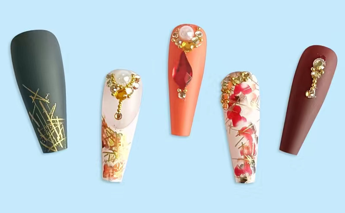 Press On Nails,Matte Ballerina, Luxury Rhinestone With Flower Designs