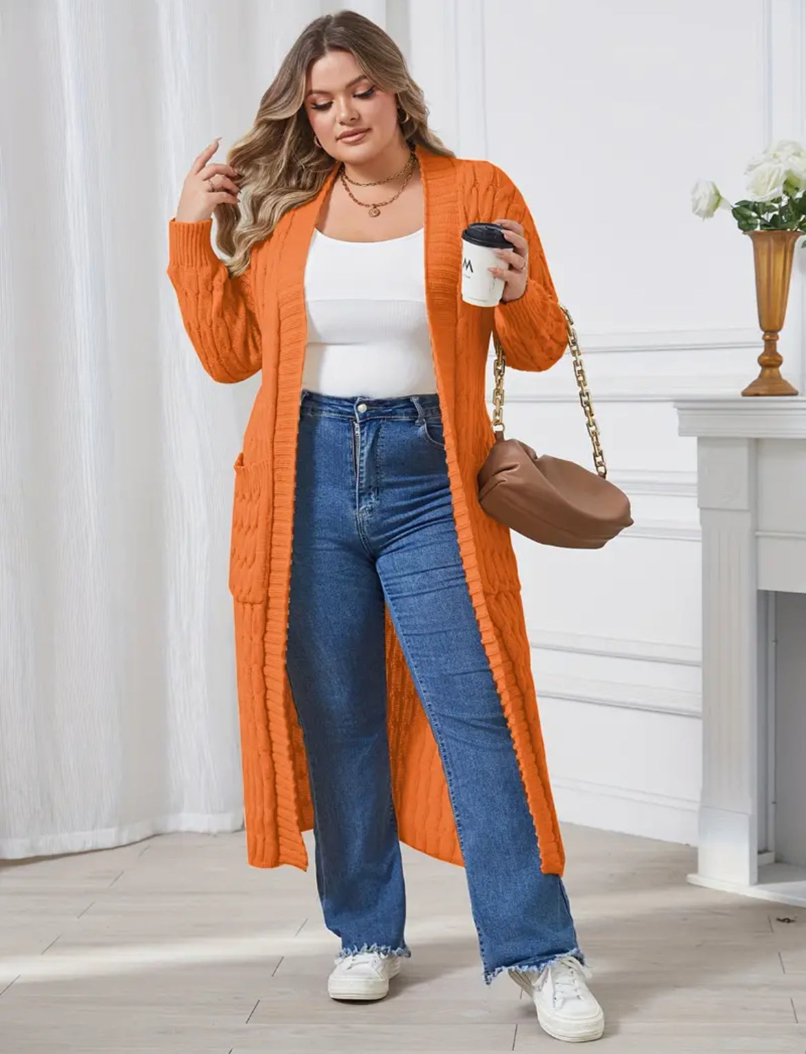 Tangerine, Posh 💋 Mommies Collection Plus Size Casual, Cable Knitted Long Sleeve Cardigan