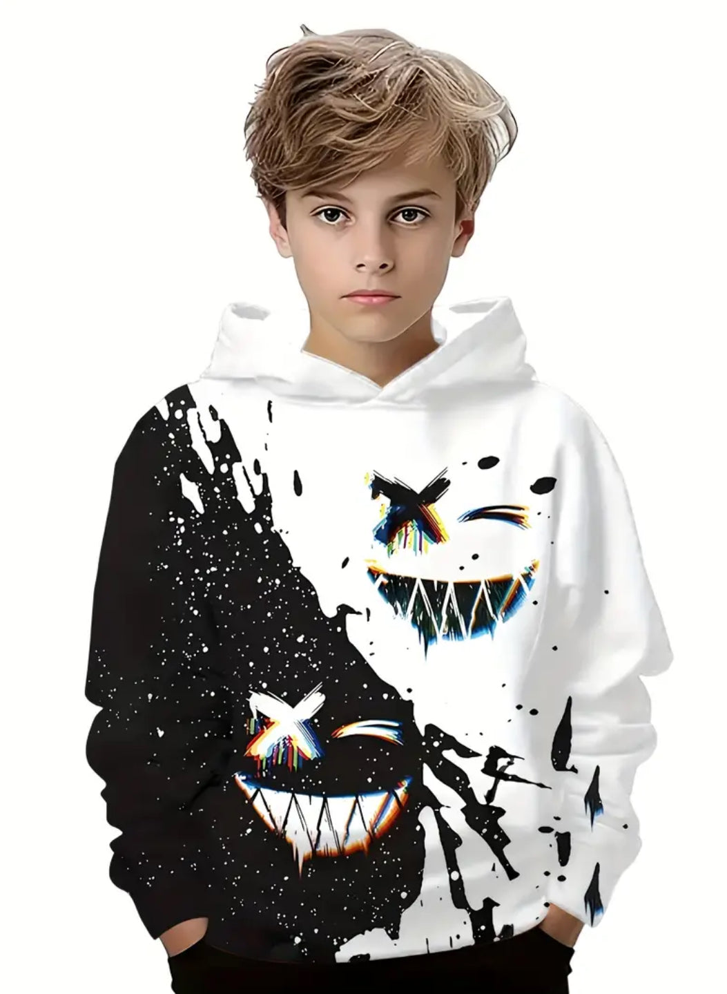 Boys 3D Grinning Face  Pullover Sweatshirt with Pockets