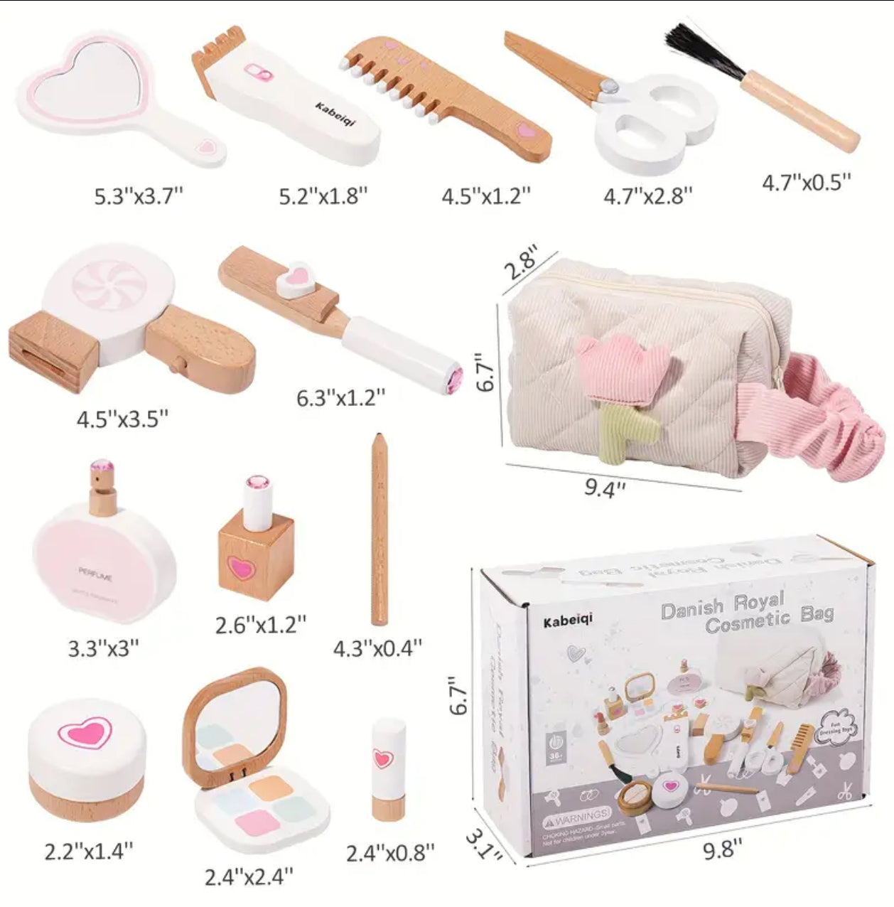 Kit de maquillaje de madera, juego de simulación de salón de belleza, cosméticos y bolsa de almacenamiento para niños de 3 años en adelante