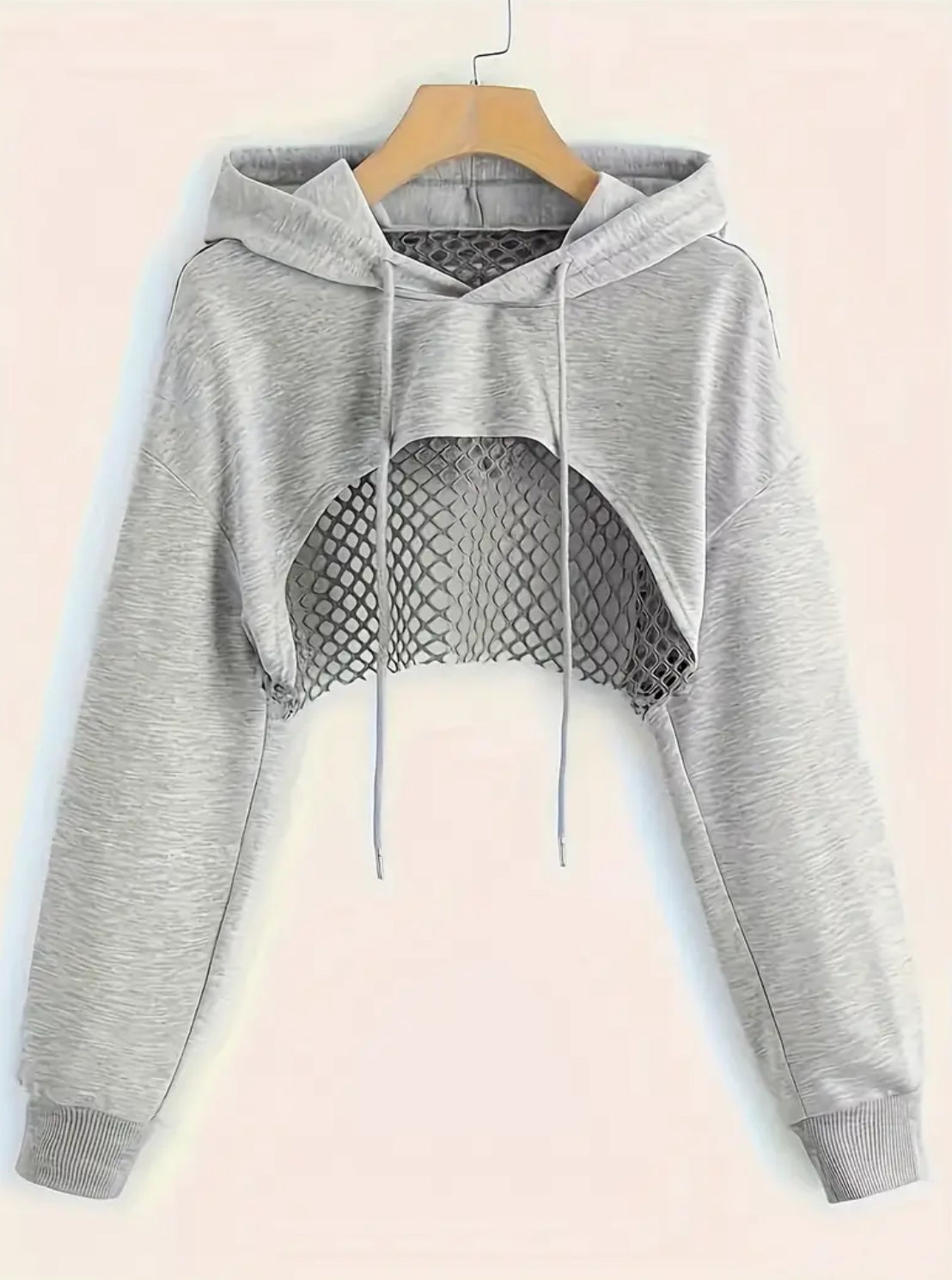 Soft Slight Stretch Contrast Mesh Details, Pullover Long Sleeve Hooded Crop Sweatshirt, Women’s/ Teens