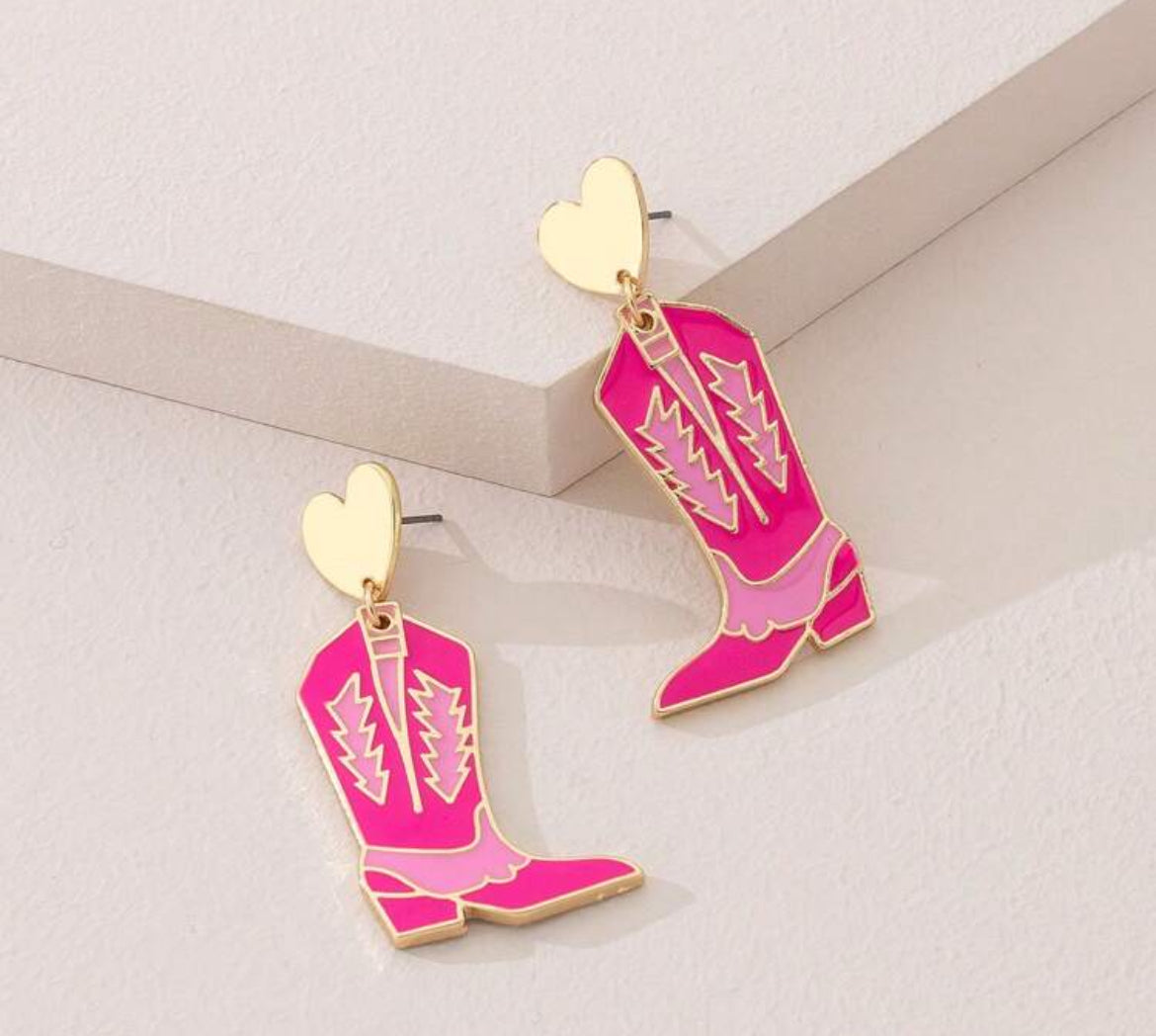 Bohemian Boot Shape Dangle Earrings With Pink Design, Alloy Gold Heart