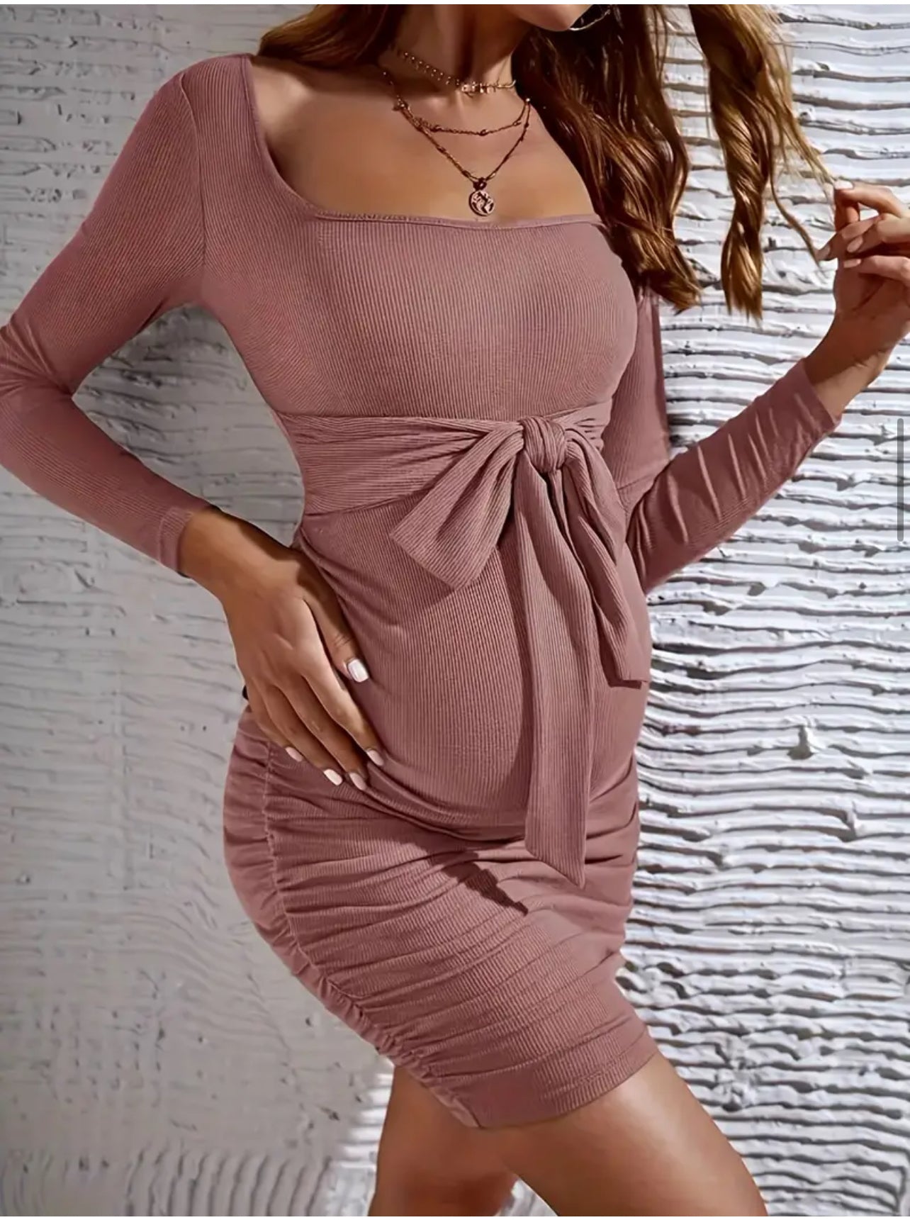 Maternity Elegant Square Neck Bowtie Front Ruched Dress, Women's Bodycon, Baby Bumps 🌟🌙 Collection