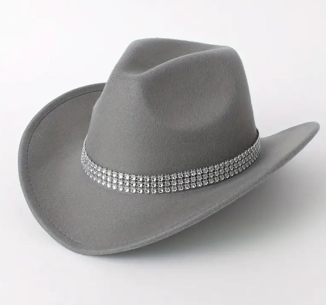 Sombrero de vaquero de fieltro, ala ancha, banda de diamantes de imitación, perfecto para amantes de la moda y la música