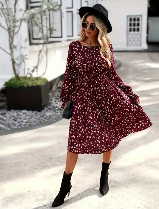 Burgundy Wine Shirred Waist, Elegant Long Sleeve Dress