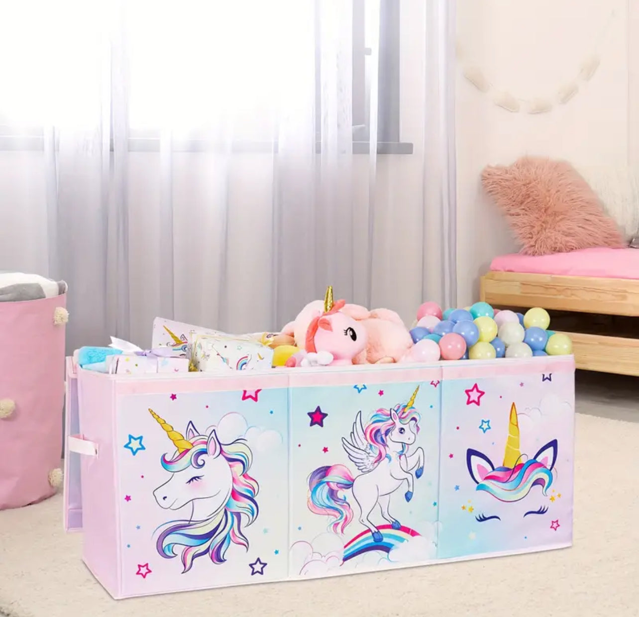 Caja de almacenamiento grande con tapa abatible y diseño de unicornio, plegable y con asas