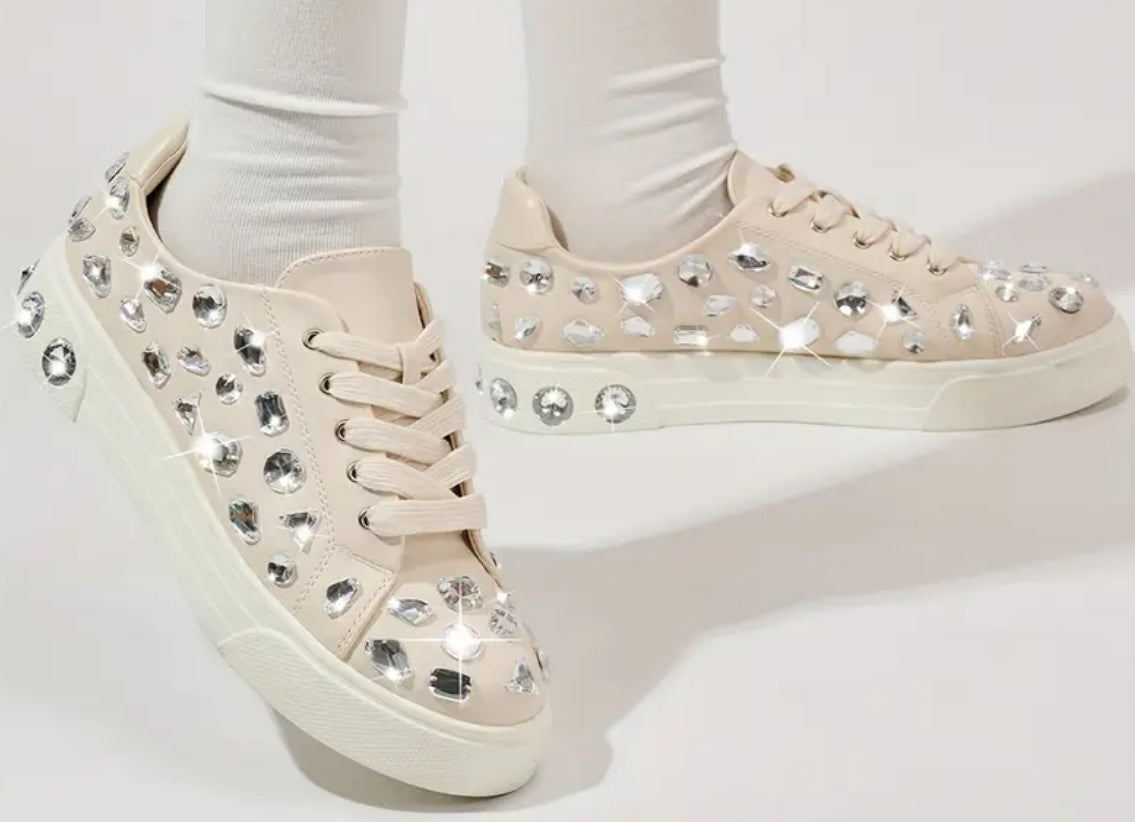 Women's “Rhinestone Sparkly” Flat Canvas Lace-Up Sneakers