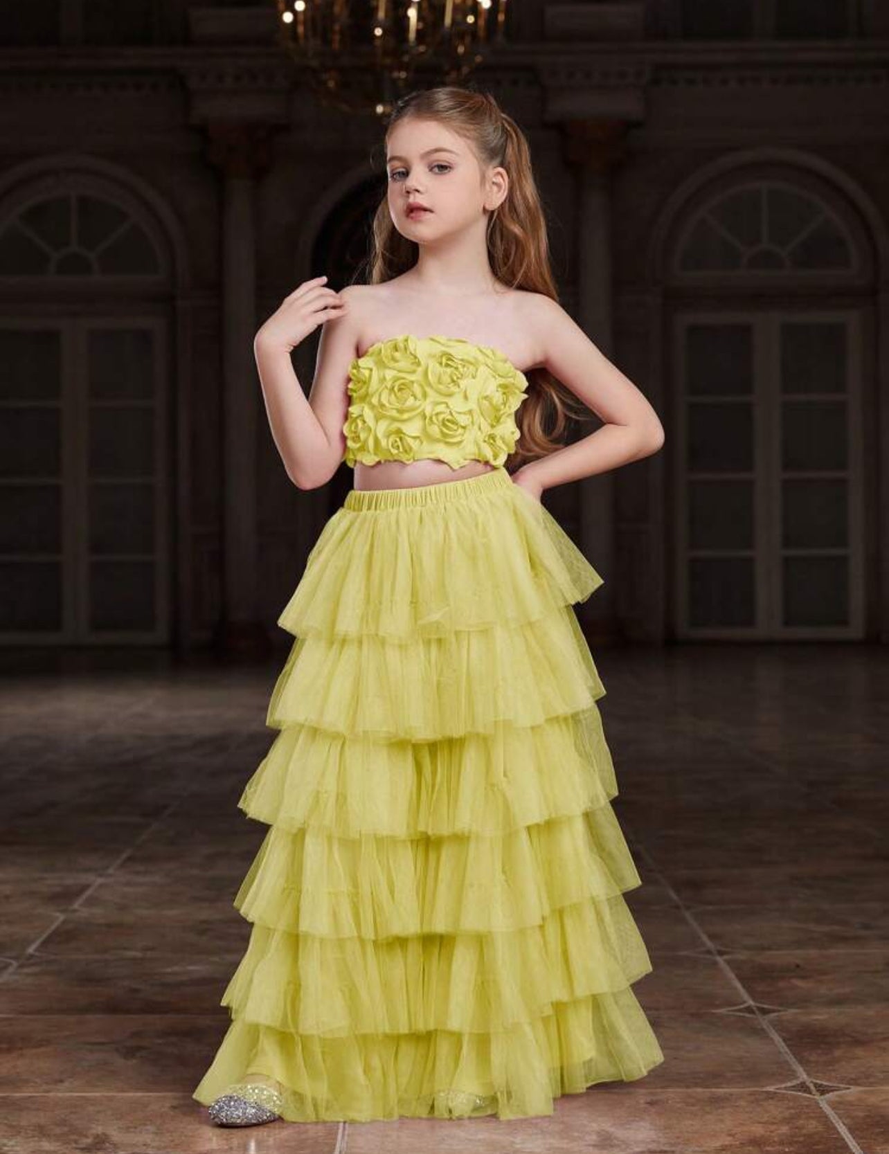 Tween Girl Sequined Strapless Top And Layered Tulle Skirt Party Set