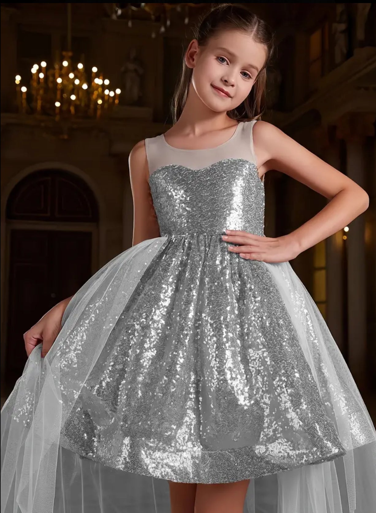 Girls' Sparkling Sequin Dress With Tulle Overlay, Long Formal Gown