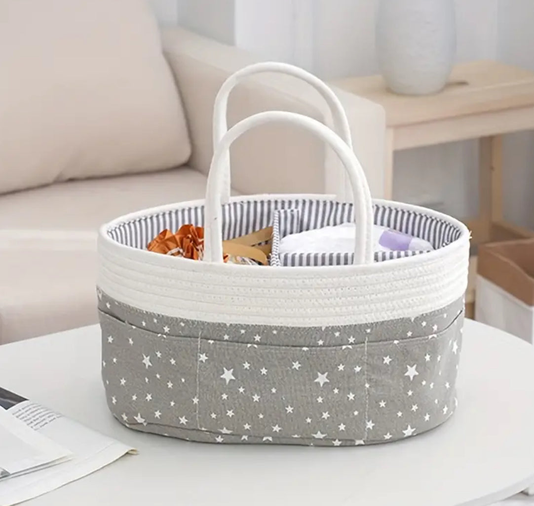 “Gray Skies & Bright Stars” Woven Storage Basket, Diaper Caddy Organizer