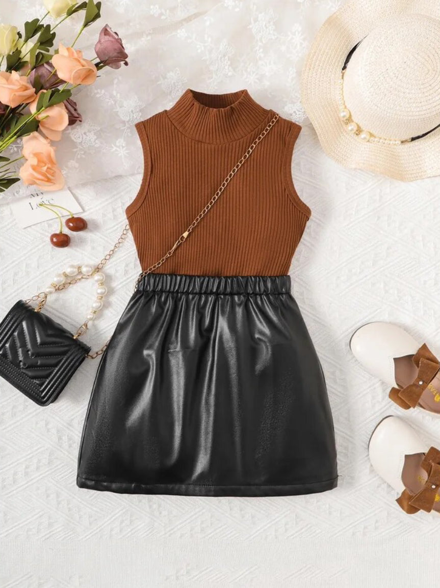 2PCS Fashion Child Set, Sleeveless Top & Leather Skirt