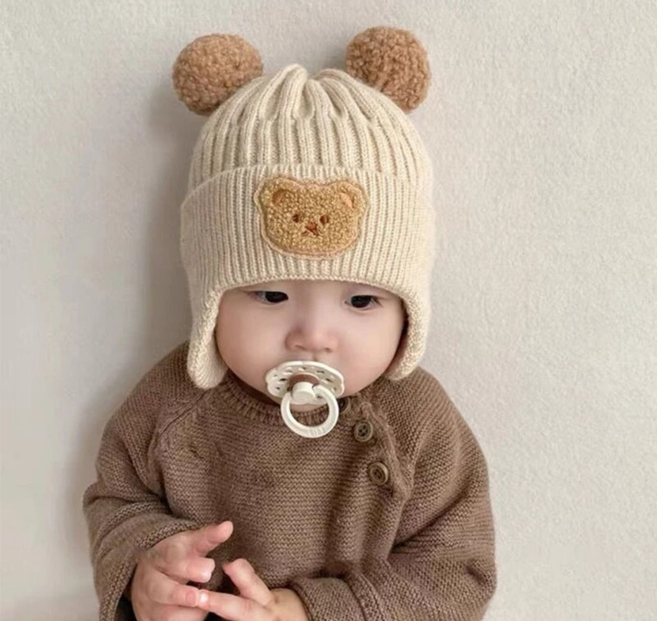 Knitted Baby Cap With Earflaps, Cute Bear Pompom, Ear Protection Bonnet Caps