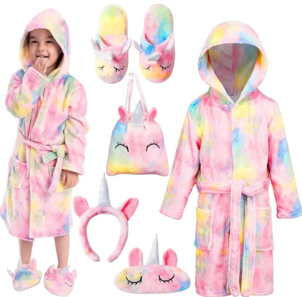 Hooded Pink “Tie Dye Unicorn” Bathrobe, Girls Sleepwear