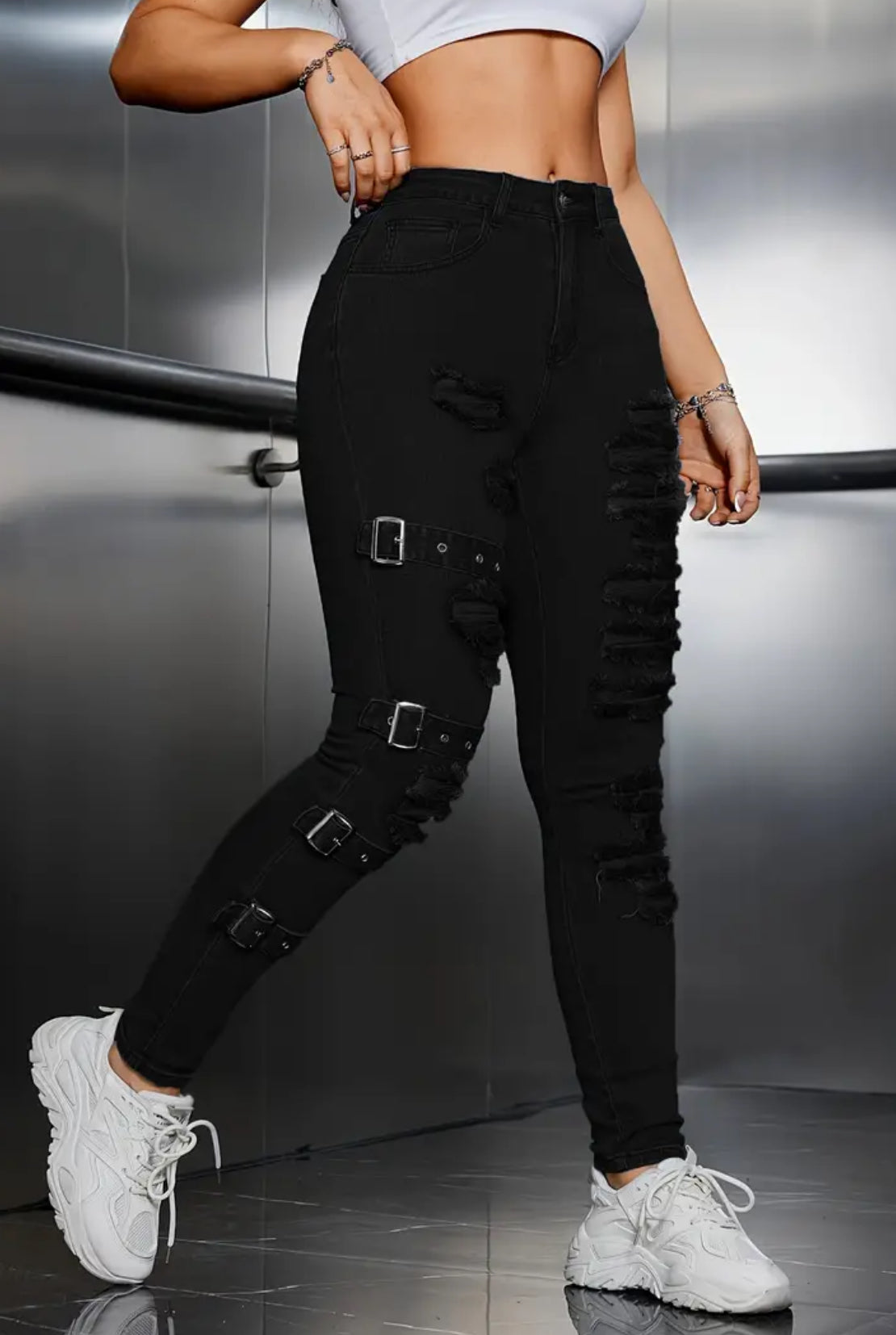 Adjustable Buckle , High-Waist Stretchy Skinny Jeans With Ripped Detailing, Street Style Fashion