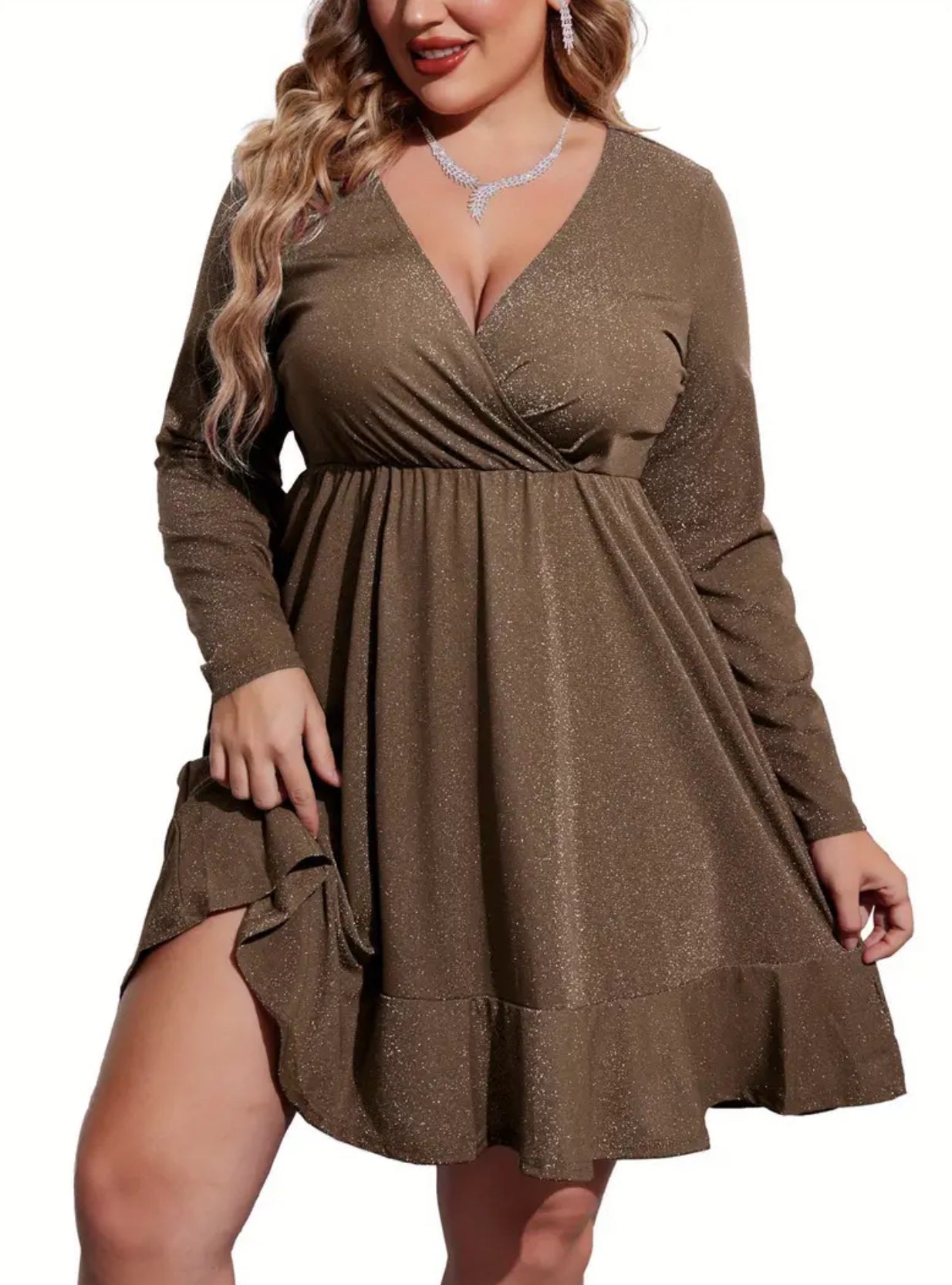 ELESOL  Plus Size Womens Glitter Dress V Neck Long Sleeve Ruffle Hem Swing Club Cocktail Party Dresses