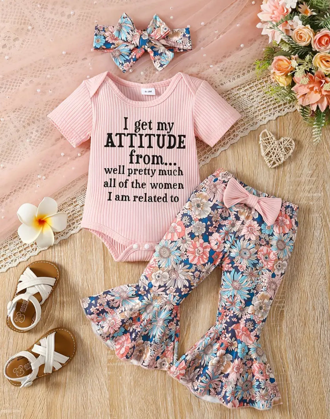 3 Piece ‘I Get My Attitude’ Short Sleeved Onesie Floral Flared Pants and Headband