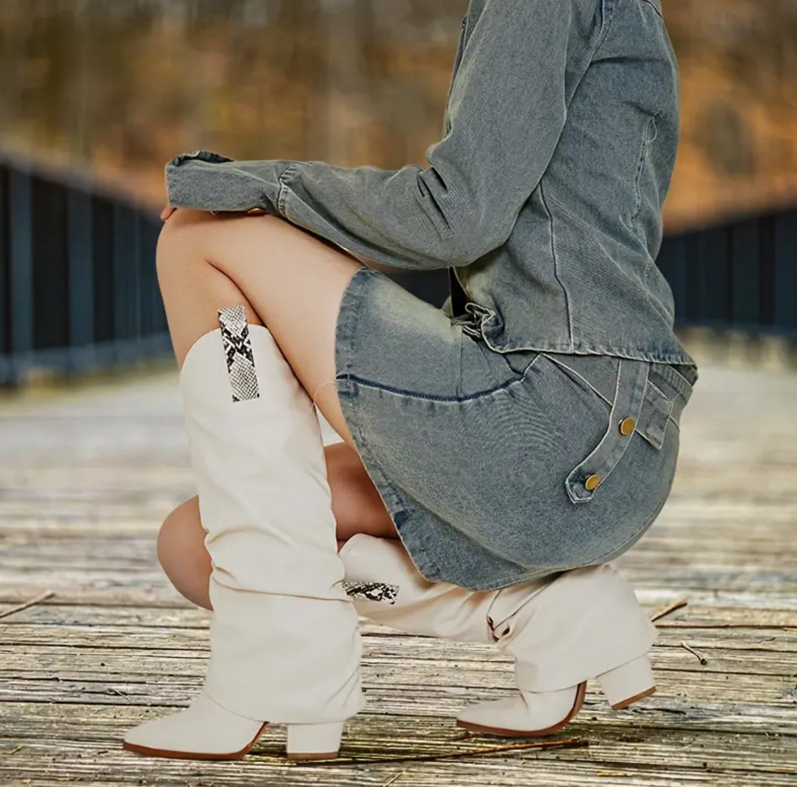 Stacked Chunk Heel, Mid Calf Fold Over Design Western Boots