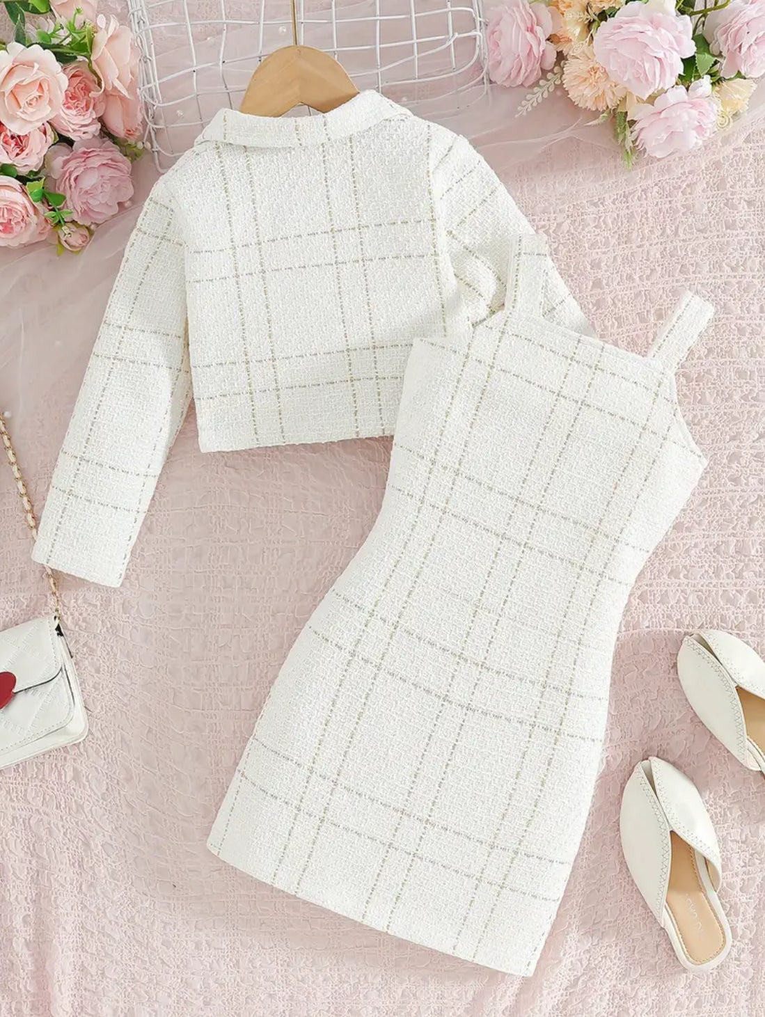 Girls ‘JACKIE O’ Fashion Plaid Two-Piece Set: Pearl Button Collar Long Sleeve Jacket + Vertical Button Suspender Dress 
