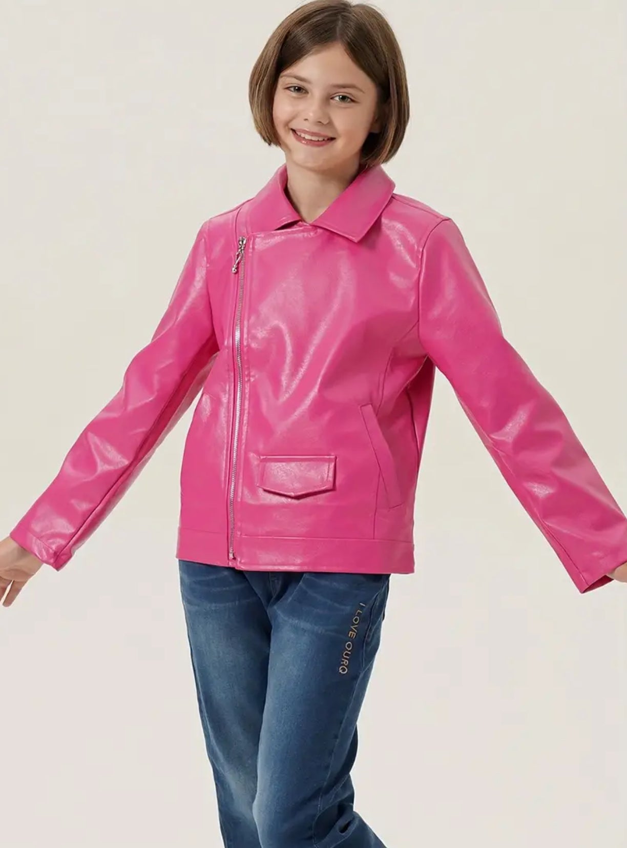 “ Pink Girls” Leather, Zipper Lapel Jacket, Motorcycle Outerwear