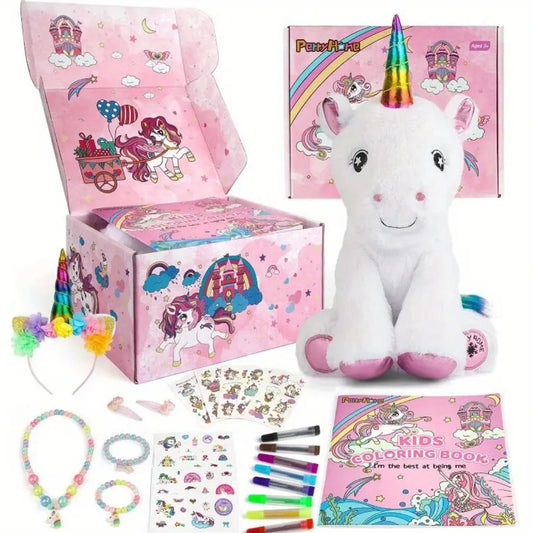 “Unicorn Gift Box” 26 Pcs with Unicorn Plush, Necklace & Jewelry + Coloring Activities
