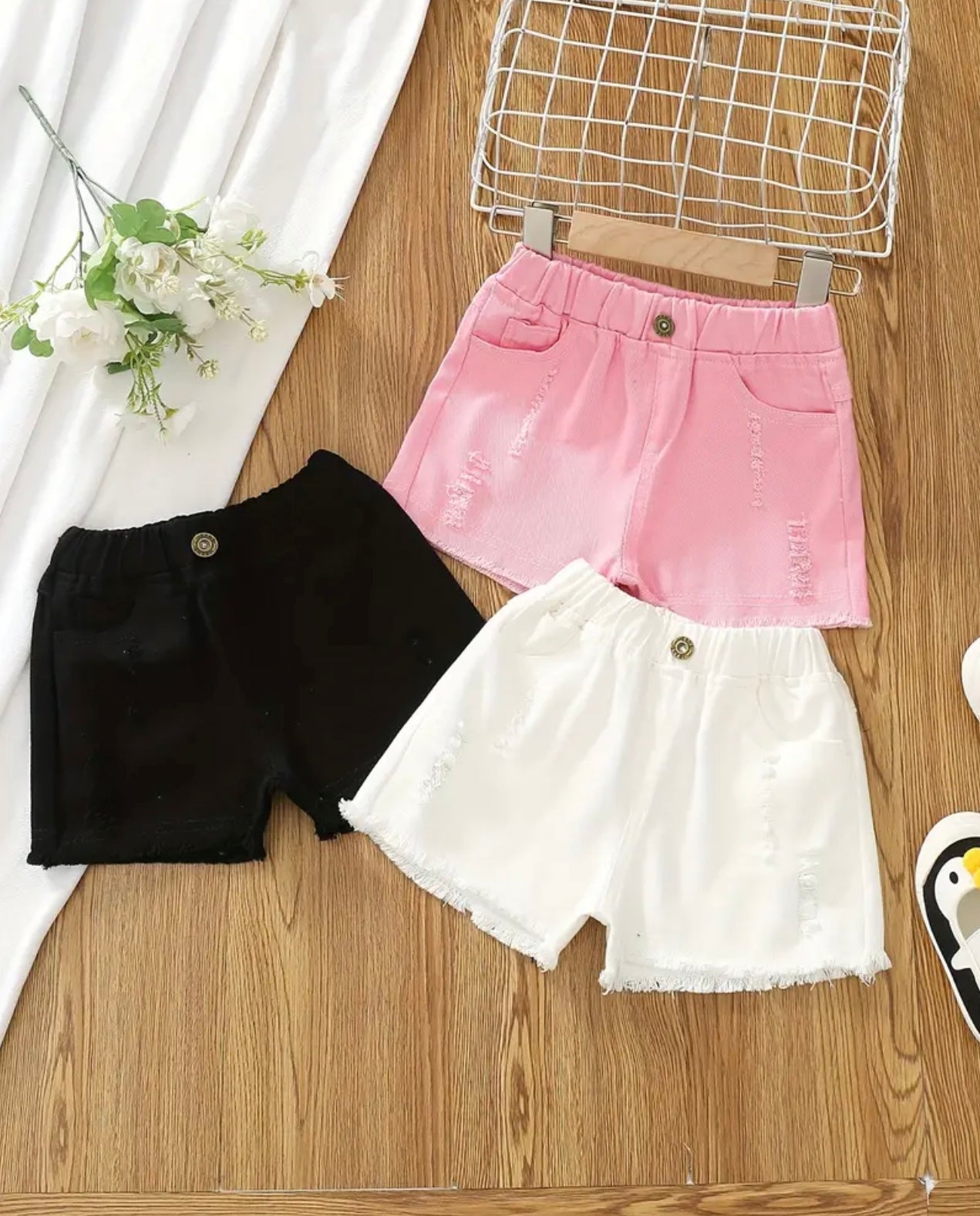 Button Elastic Waist, Raw Hem Ripped Cotton,  Casual Denim Shorts, 🌷