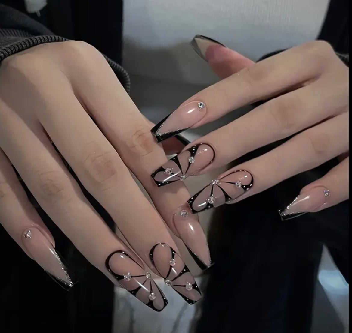 24pcs,  Black French Tips & Unique Designs