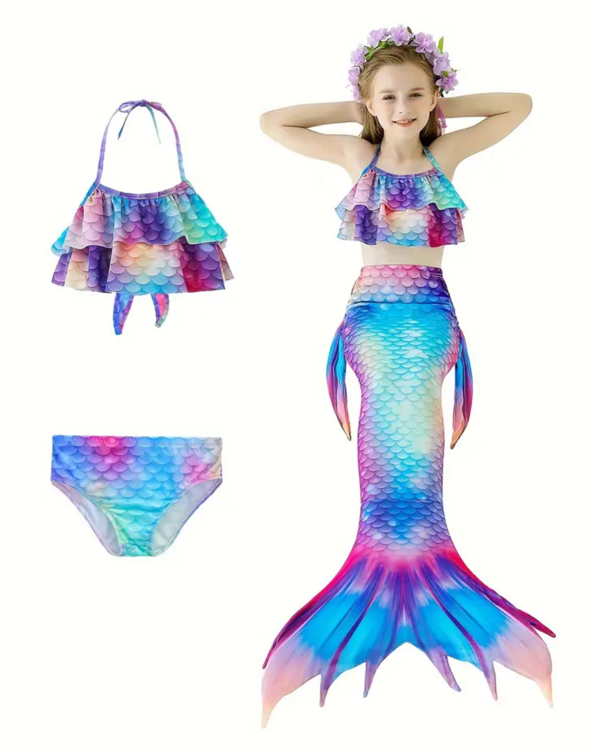 Girls “Mermaid” 4pcs Swimsuit (+Monofin)