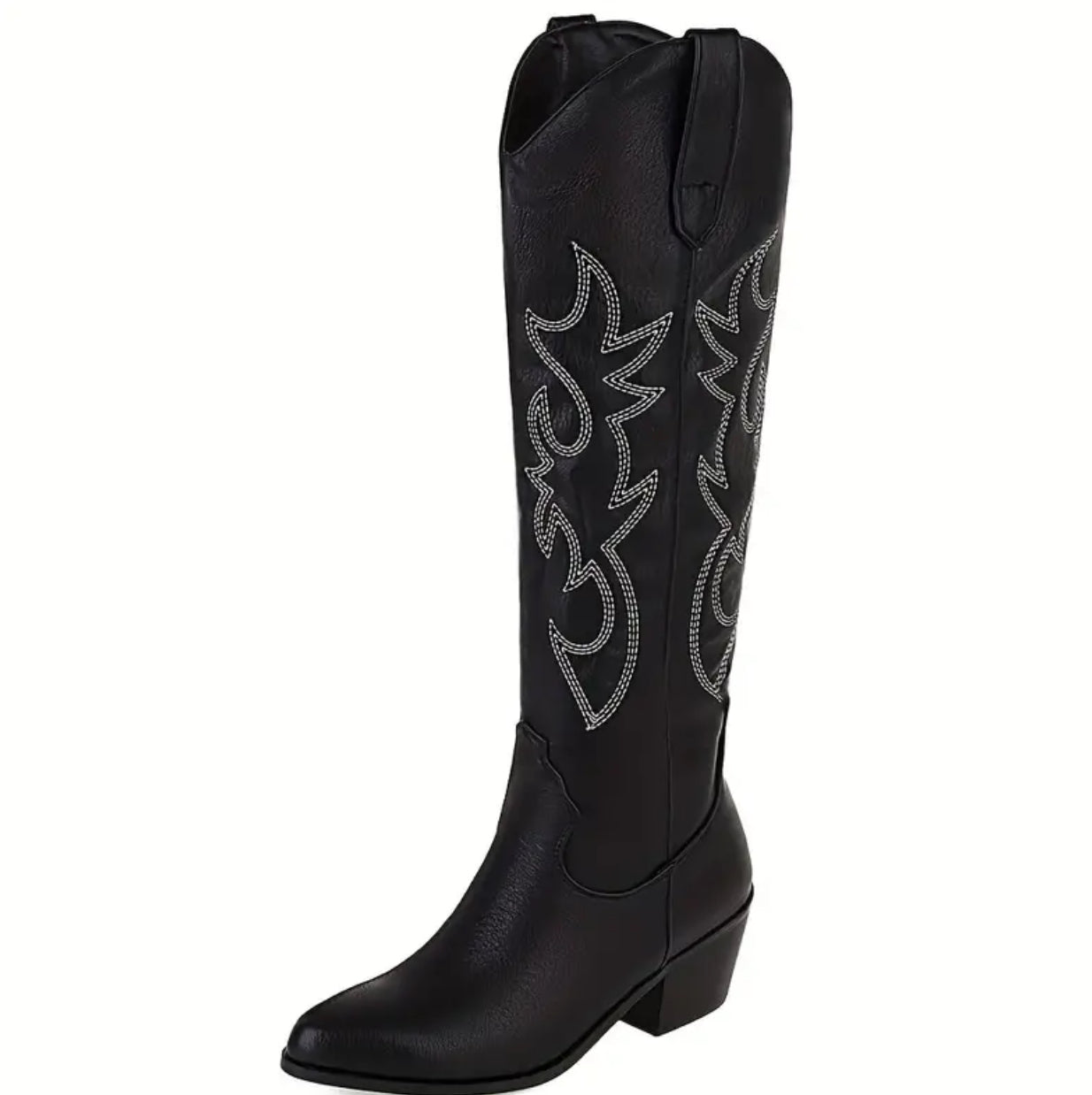 “Western Cowgirl” Knee High, Wide Calf Pull On Chunky Stacked Heel Boots