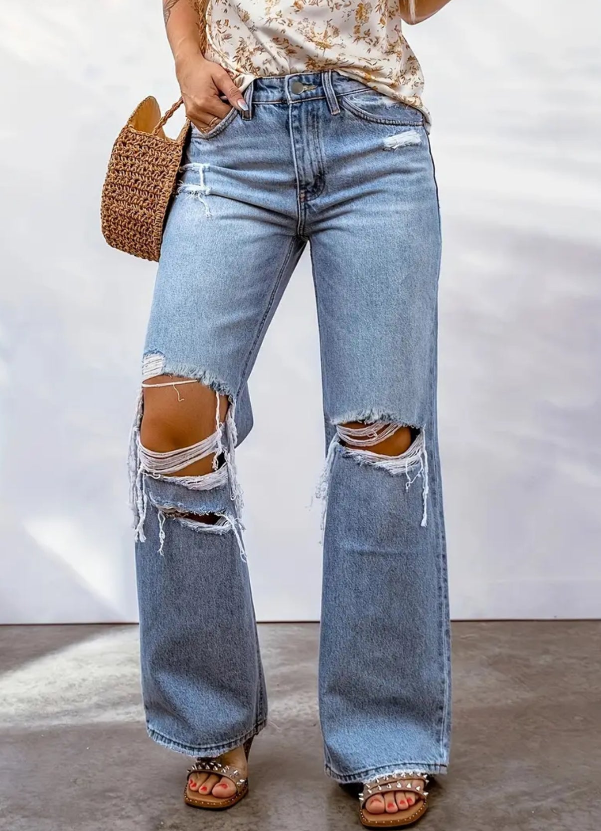 “Jeanie” Ripped Straight Leg Jeans, Casual Non-Stretch, Regular Fit, with Washed Detail