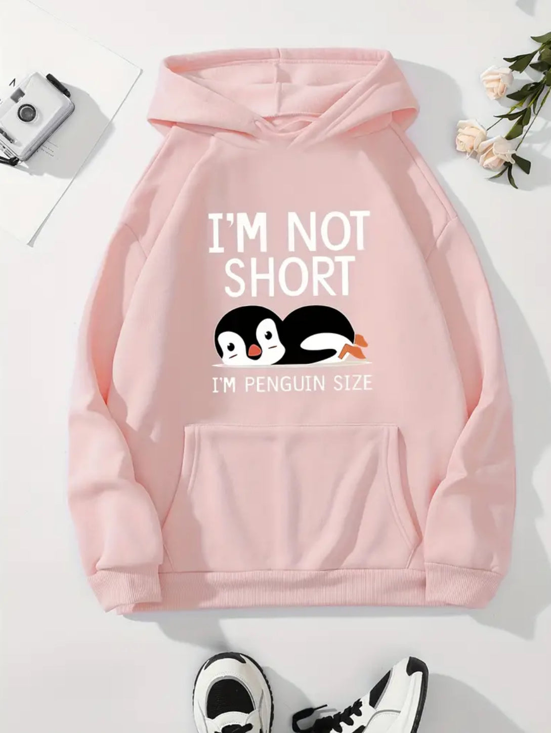 “I’m Not Short” Penguin, Casual Comfy Kangaroo Pocket & Long Sleeves Hoodie Sweatshirt, Women’s S-2XL