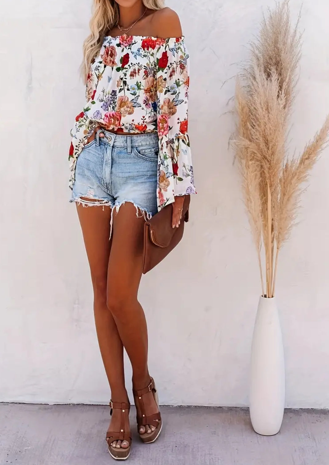 “Floral Paradise” Ruffle Trim, Flare Sleeve Loose Blouse