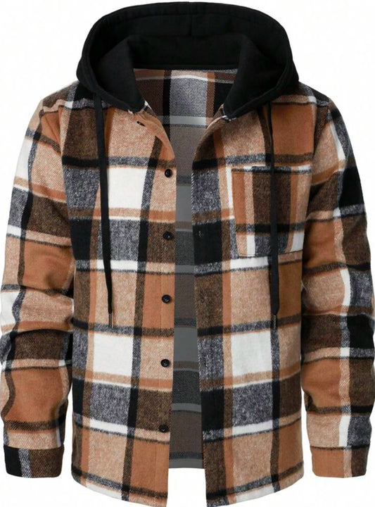 1pc Men's Patchwork Front Buttoned, Long Sleeves, Pockets, Minimalist Hooded Jacket