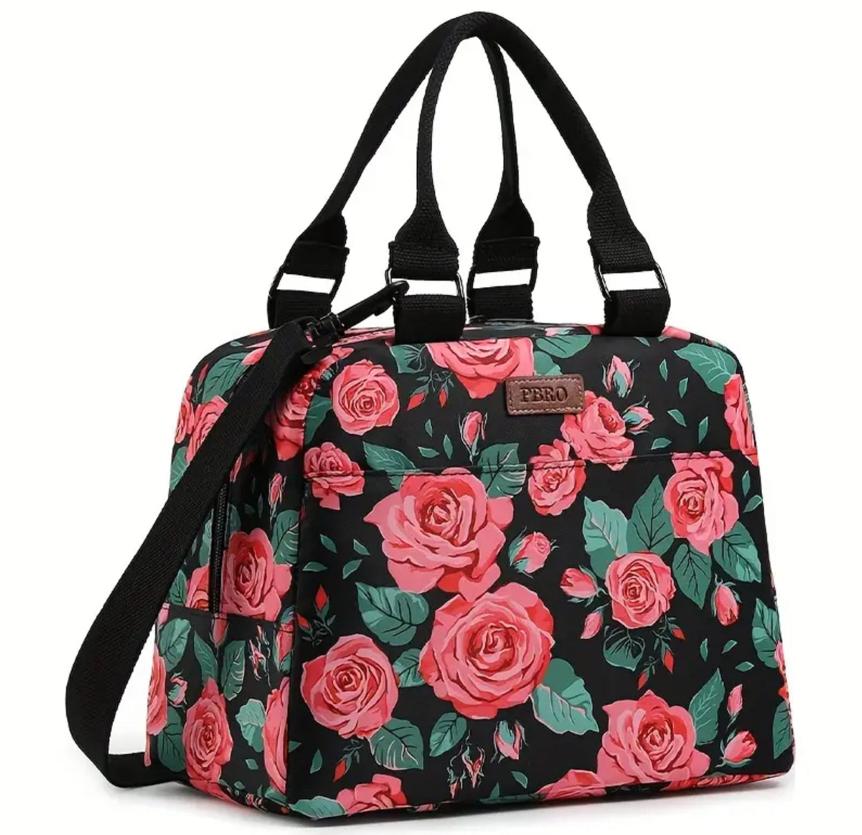 Floral Insulated Lunch Bag, Large Wide with Adjustable Shoulder Belt