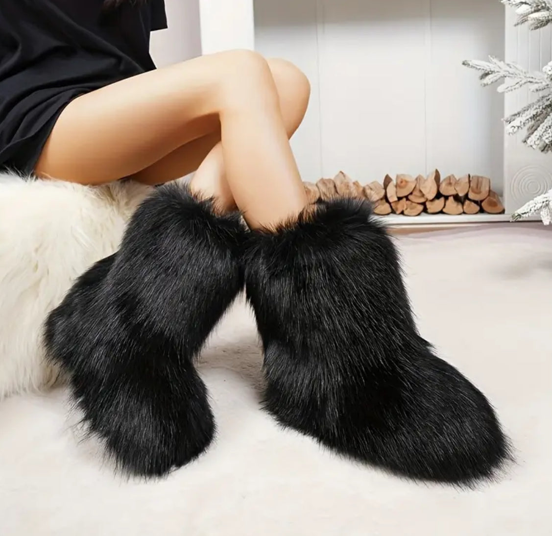 “Elegance Faux Fur Boots” Women’s, Mid-Calf, Slip-On, Comfortable Plush Lining, Durable Rubber Sole