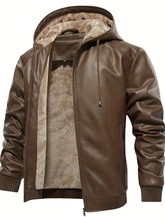 Men's Solid Color Faux Leather Hooded, Windproof Waterproof Trendy Thick Jacket, Sugar 🎩 Daddy Collection