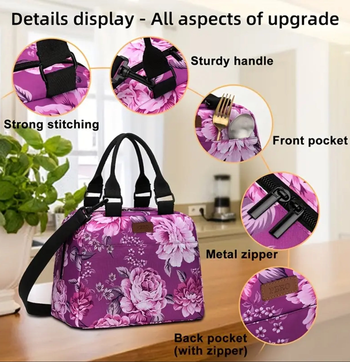 Floral Insulated Lunch Bag, Large Wide with Adjustable Shoulder Belt