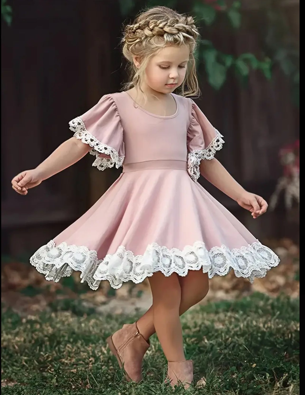 Girls Butterfly Sleeve Contrast Lace Trim Princess Dress