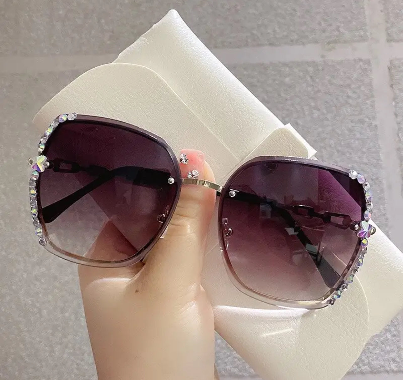 Rhinestone Rimless Fashion Sunglasses, Casual Gradient UV400