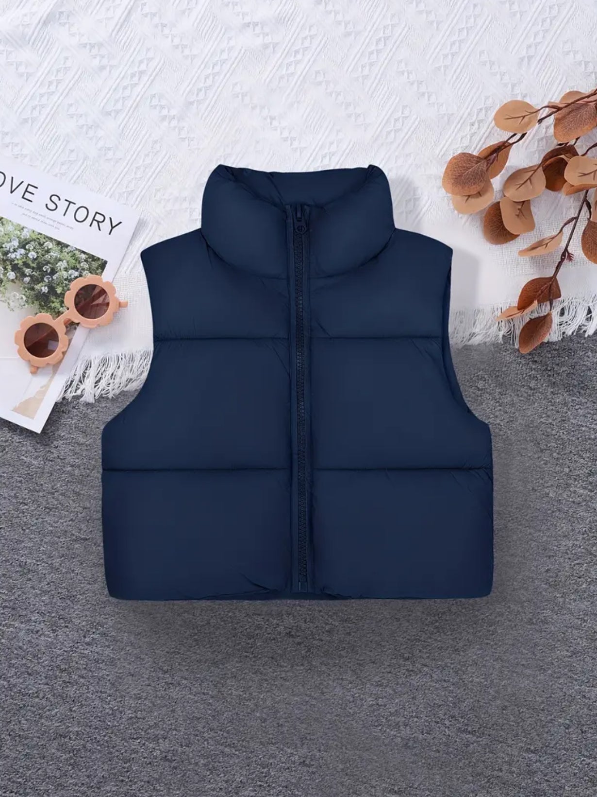 Sleeveless Puffer Jacket, Solid Colors, Zip Up Stand Collar