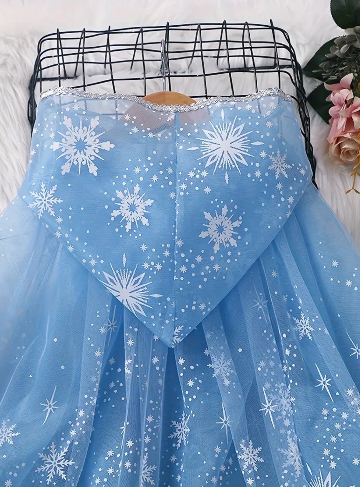 Girls' ❄️ Magical Blue Tulle Cape Dress with White Snowflakes | 29 Inches Long  