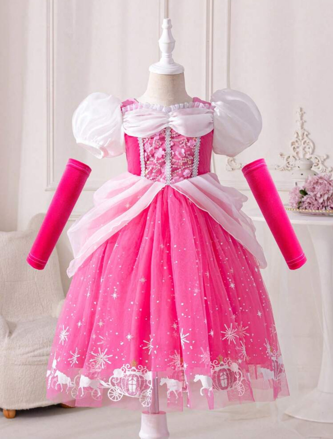 “My Prince Will Come” LED Light Up, Puff Sleeve Tulle Princess Dress, Perfect For Birthday Parties & Dress Up