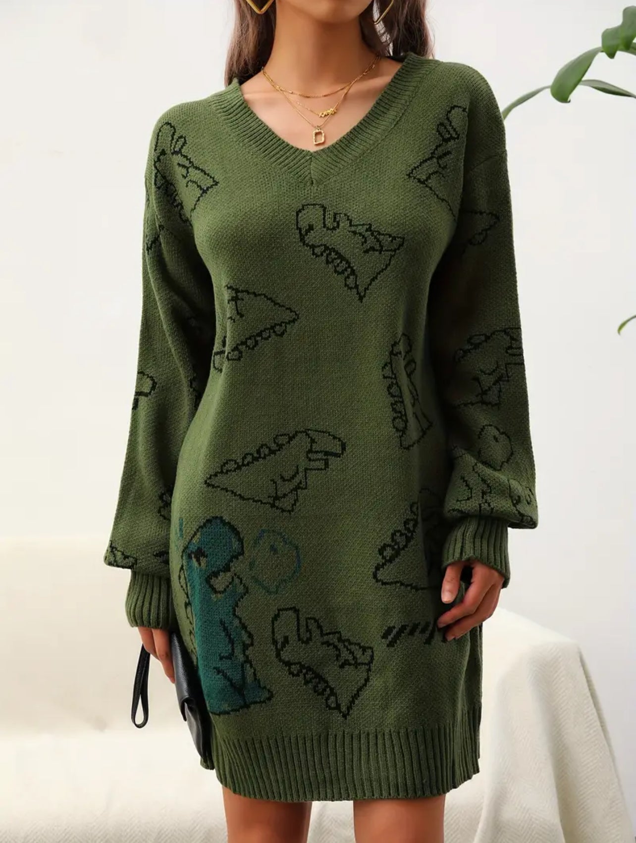 Cute Dinosaur Pattern V Neck Dress, Casual Long Sleeve, Knitted Dress