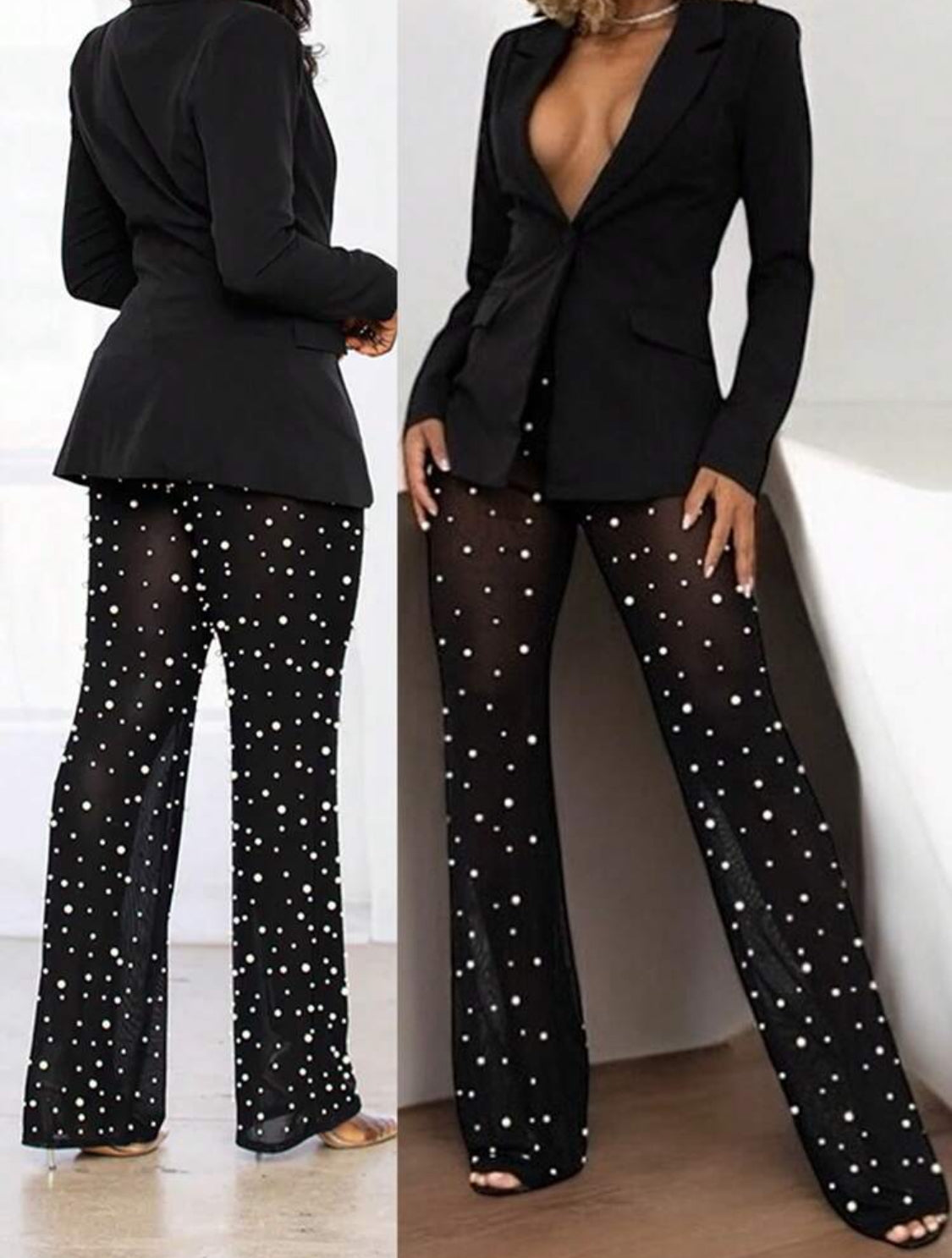 ‘Chelsey’ 2 Piece Polka Dot Sheer Pantsuit + V-Neck Blazer - Women's Suit