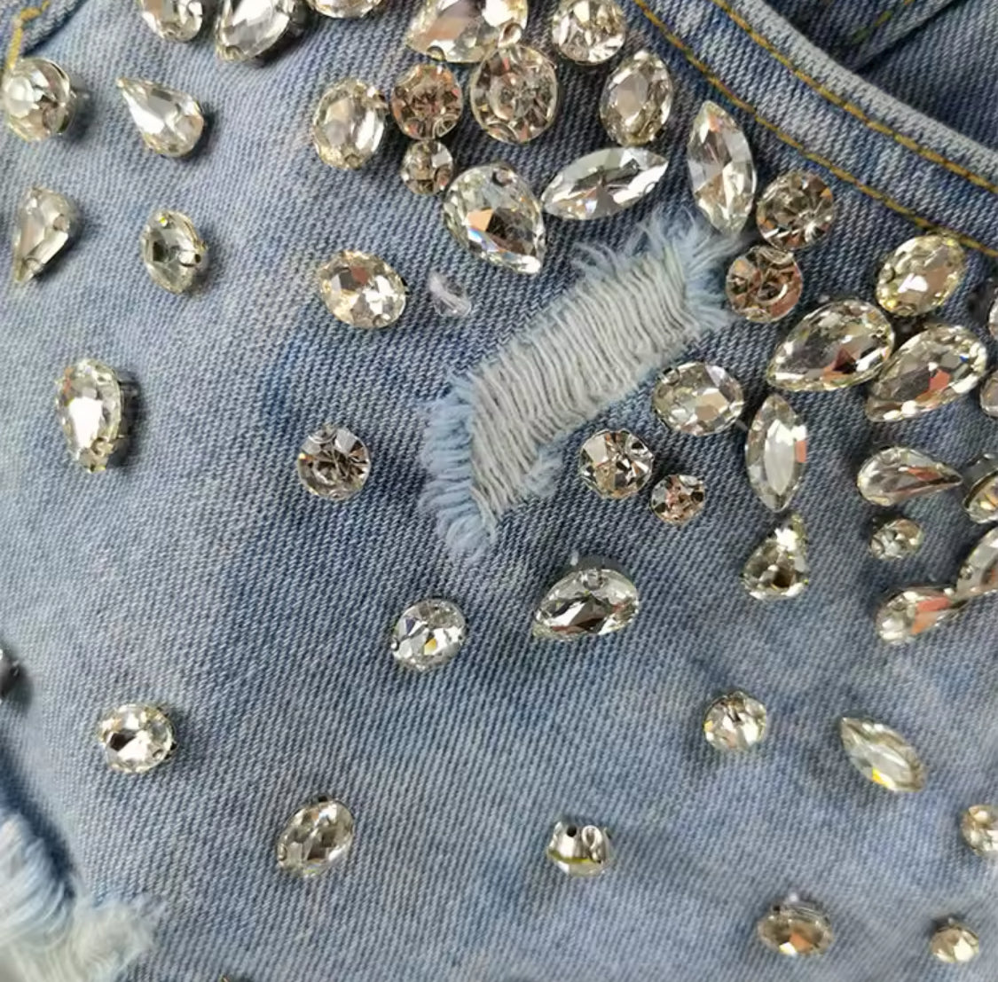 Ripped Wide Leg Rhinestone Denim Shorts | 3 Style Options