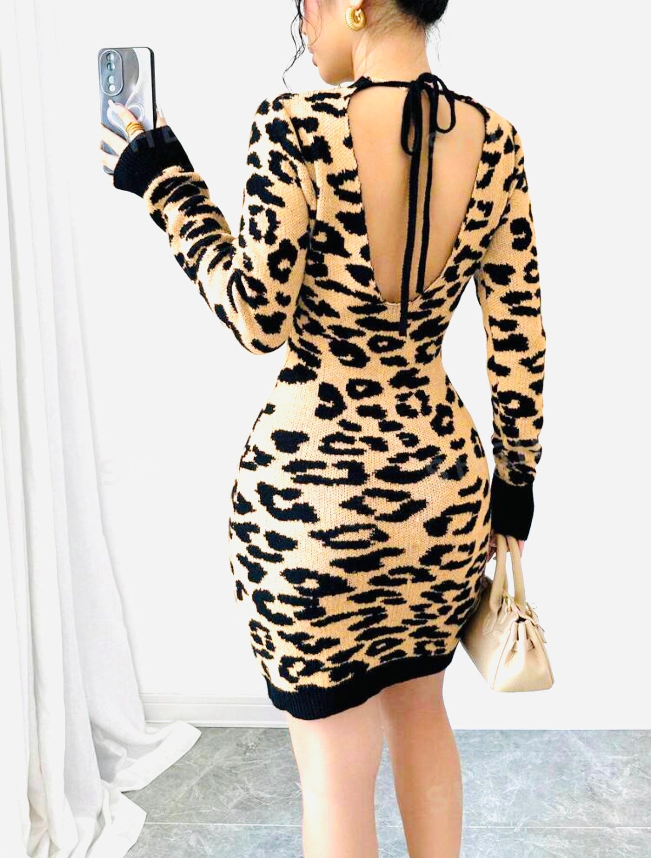 “Winter Leopard” Backless Fitted Sweater Dress